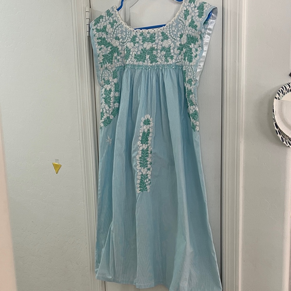 Mi Golondrina Light Blue Midi Dress with White & Mint Embroidery